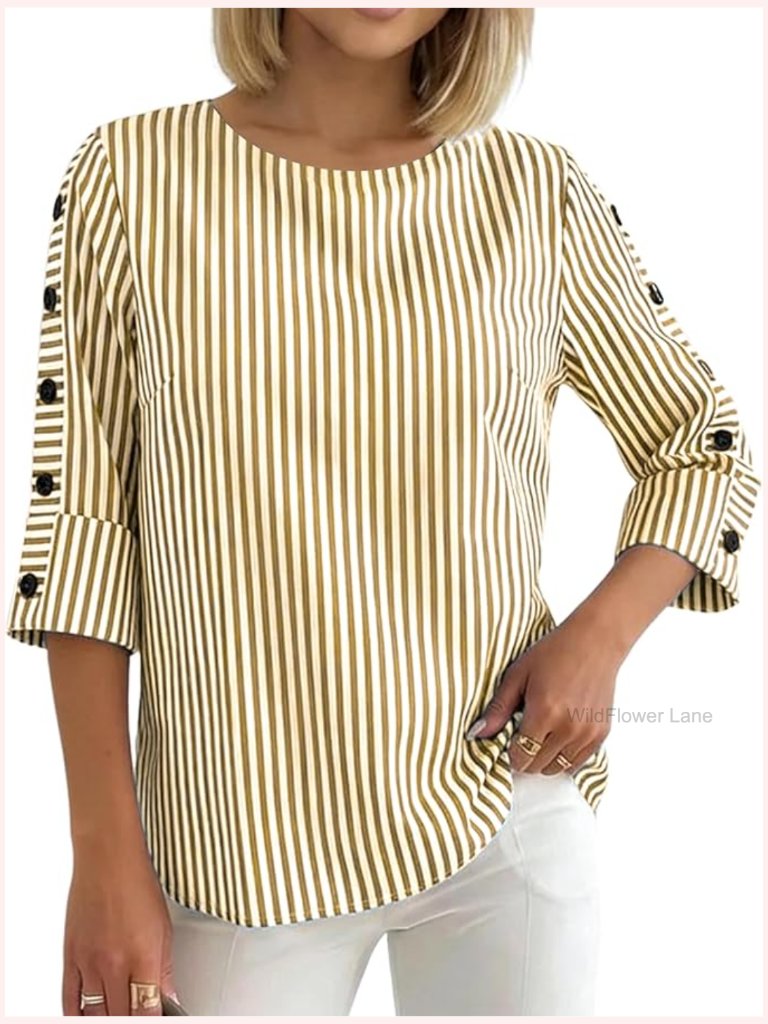 Striped 3/4 Sleeve Crew Neck Blouse Lightweight Button Detail